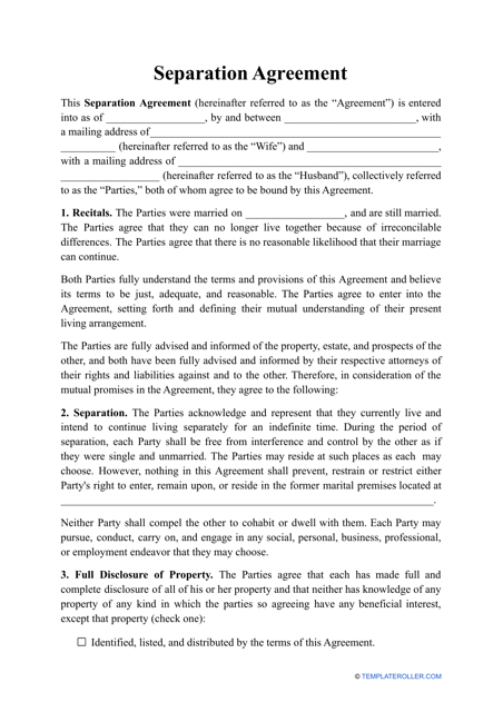 Separation Agreement Template