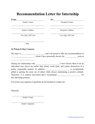 Document preview: Recommendation Letter for Internship Template