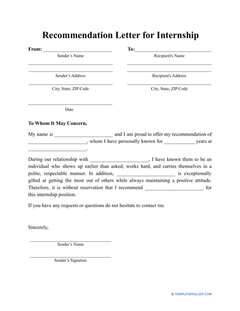 Recommendation Letter for Internship Template - Free Touch-Up