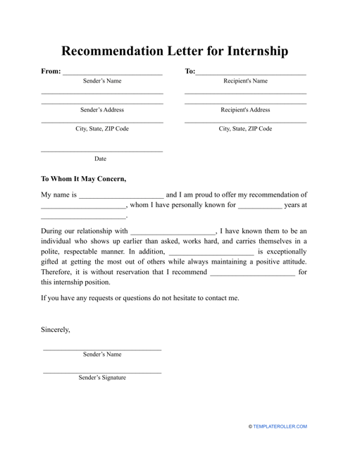 Recommendation Letter for Internship Template