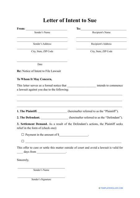 Letter of Intent to Sue Template Preview Image