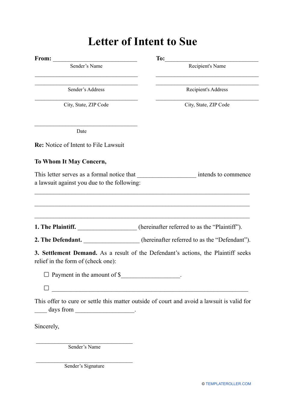 Lawsuit Free Letter Of Intent To Sue Template