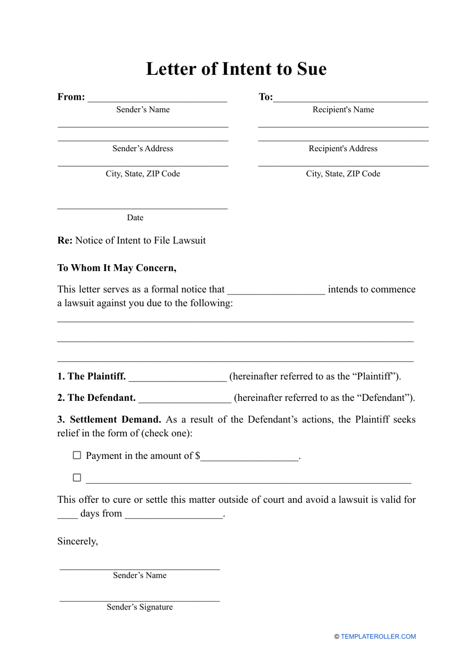 Letter Of Intent To Sue Template Download Printable PDF Templateroller