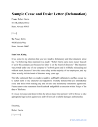 Document preview: Sample Cease and Desist Letter (Defamation)