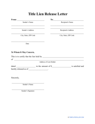 Document preview: Title Lien Release Letter Template