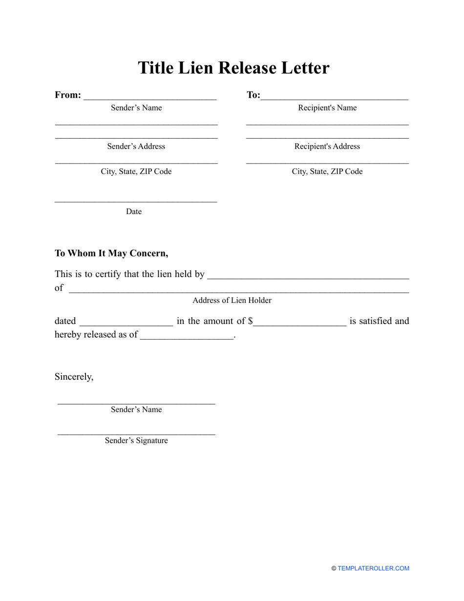 Title Lien Release Letter Template Download Printable PDF Templateroller