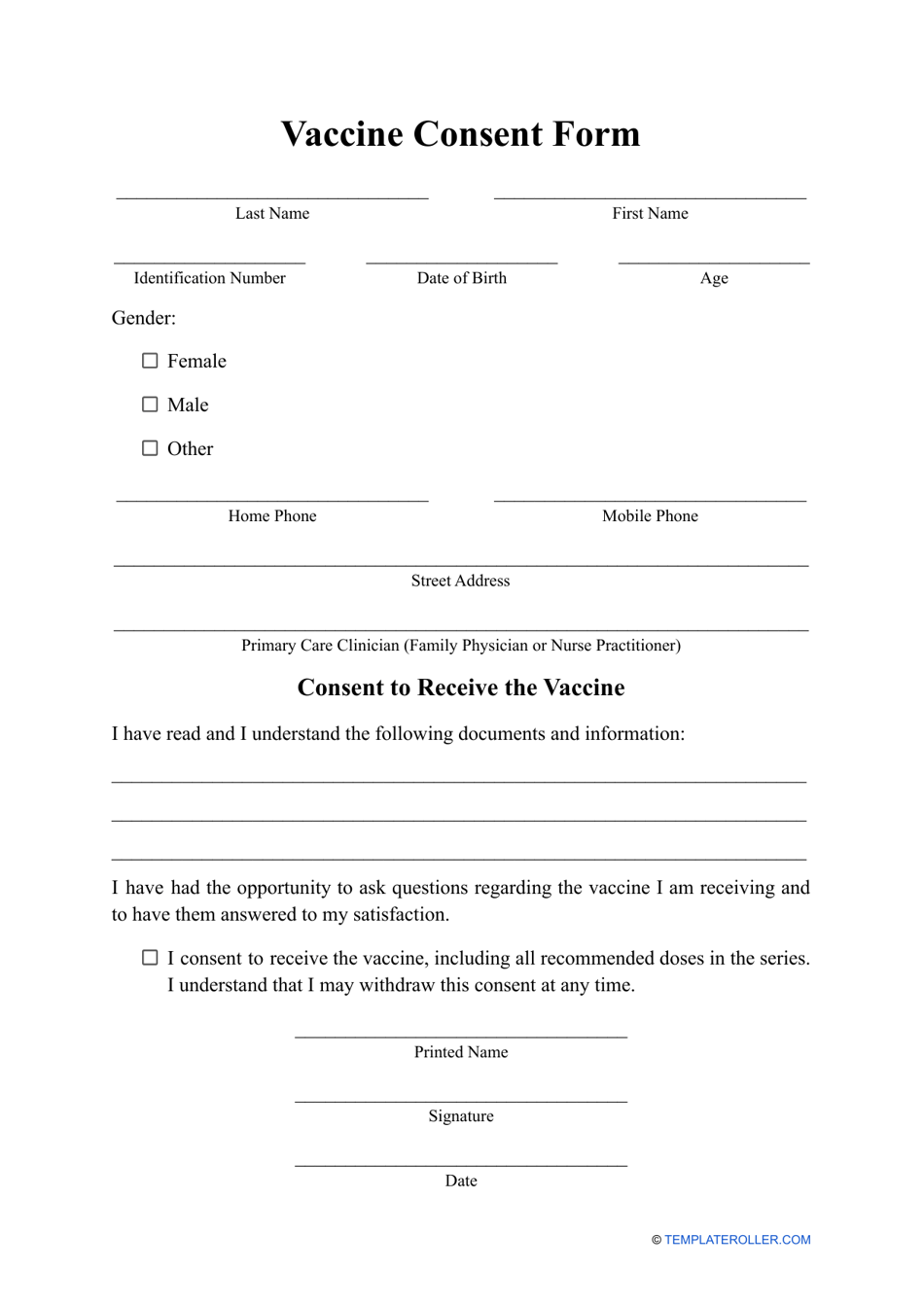 Vaccine Consent Form, Page 1