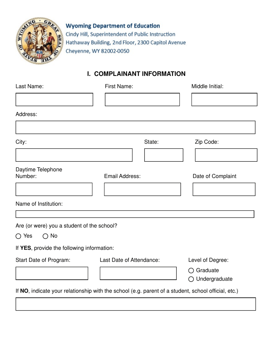 Student Complaint Form - Wyoming, Page 1