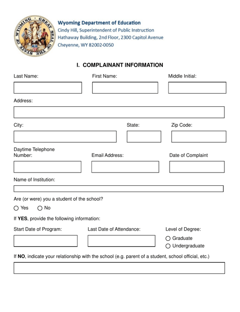 Student Complaint Form - Wyoming Download Pdf