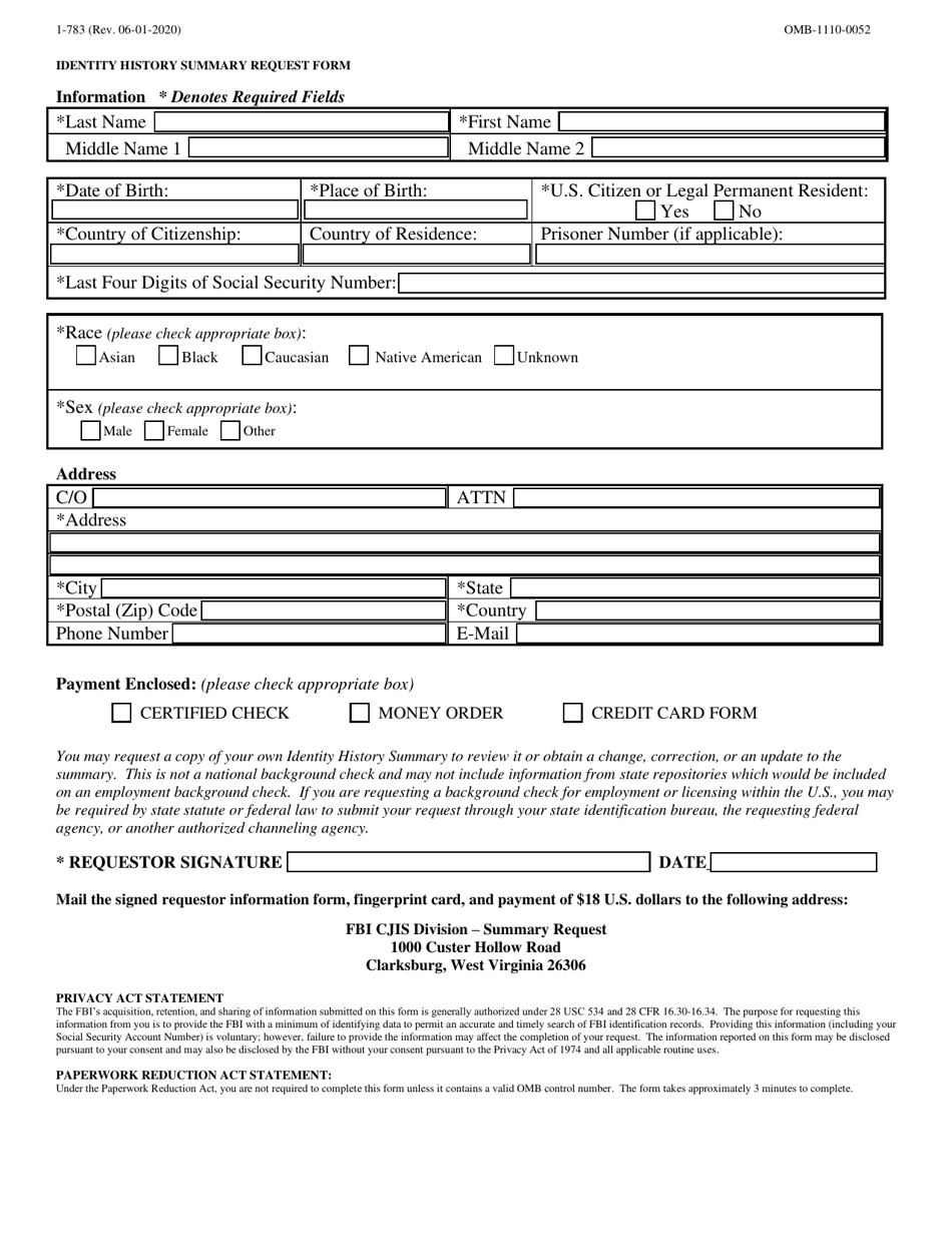 Form 1-783 Identity History Summary Request Form, Page 1