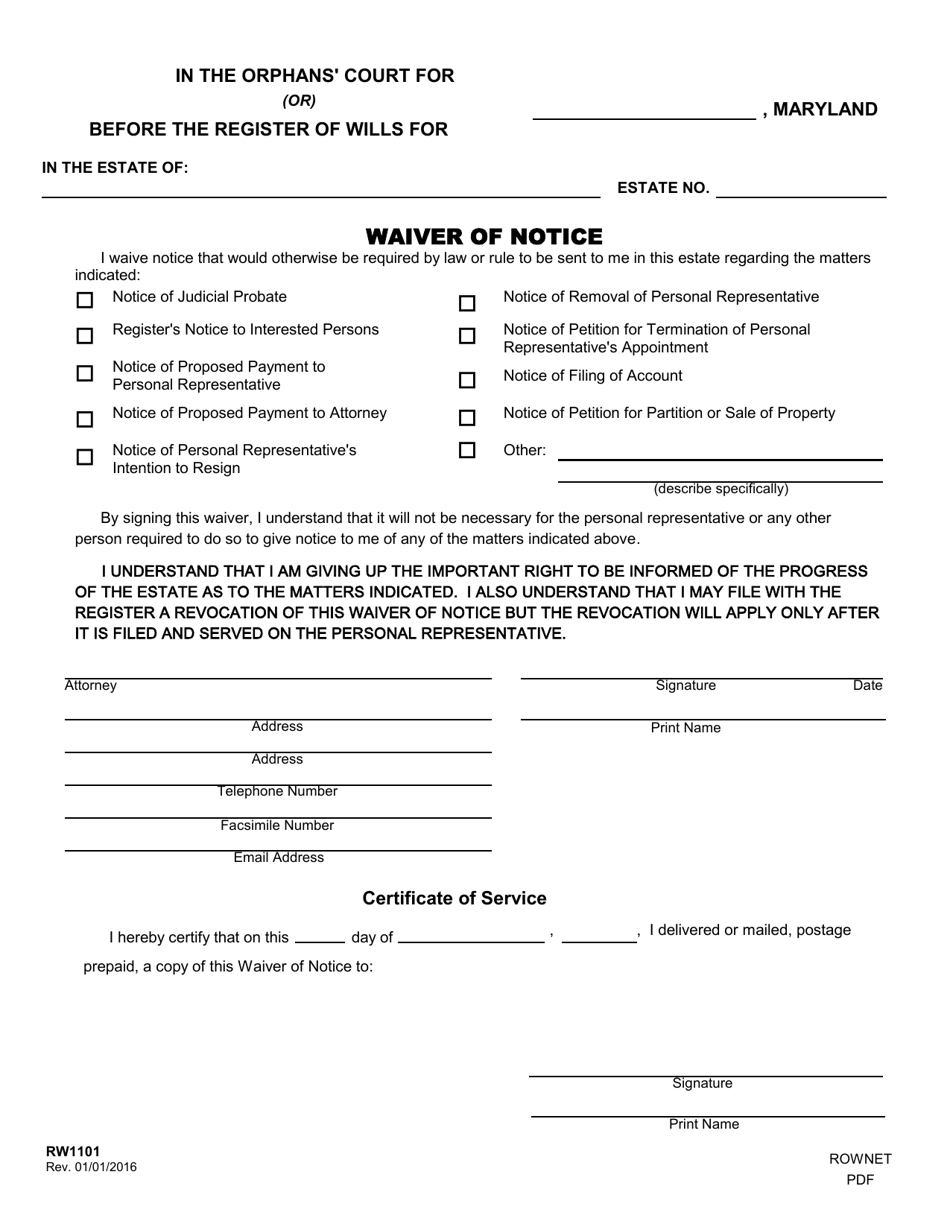 Form RW1101 Waiver of Notice - Maryland, Page 1