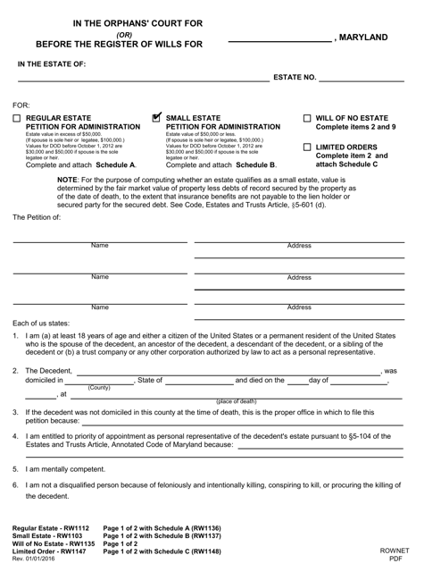 Form RW1137 Small Estate Petition for Administration - Maryland