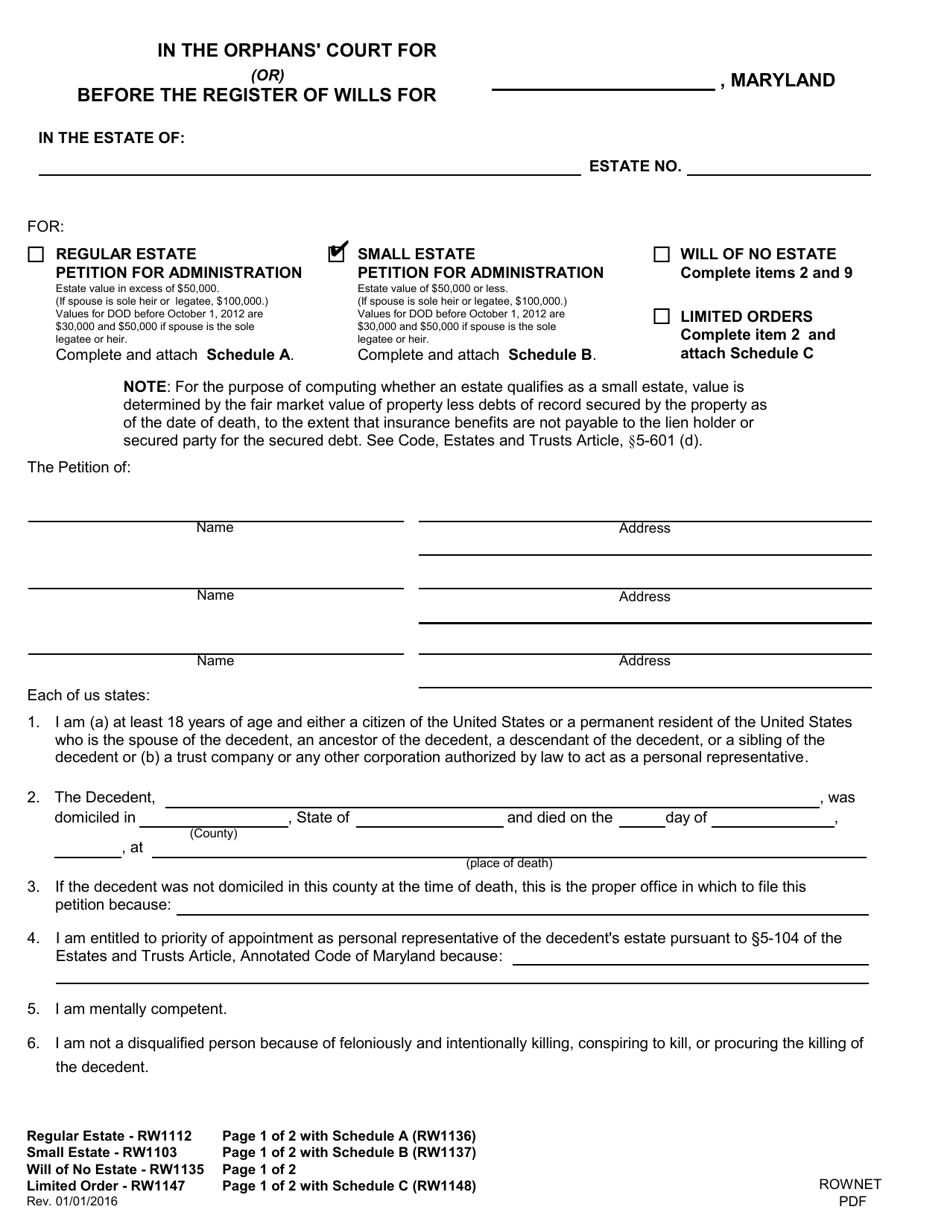 Form RW1137 Small Estate Petition for Administration - Maryland, Page 1