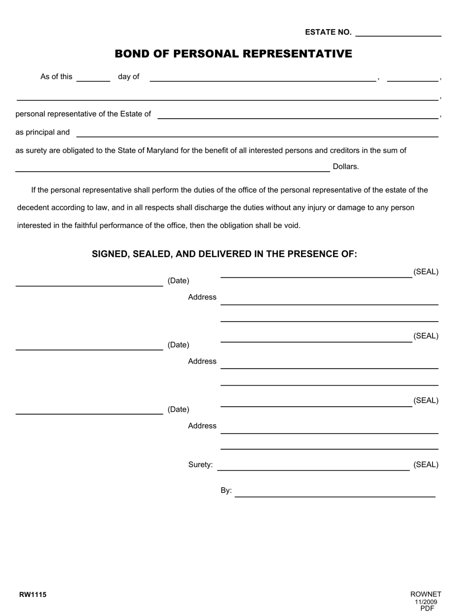 Form RW1115 Bond of Personal Representative - Maryland, Page 1