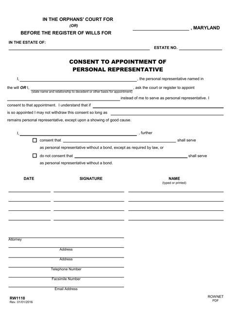 Form RW1118 Consent to Appointment of Personal Representative - Maryland
