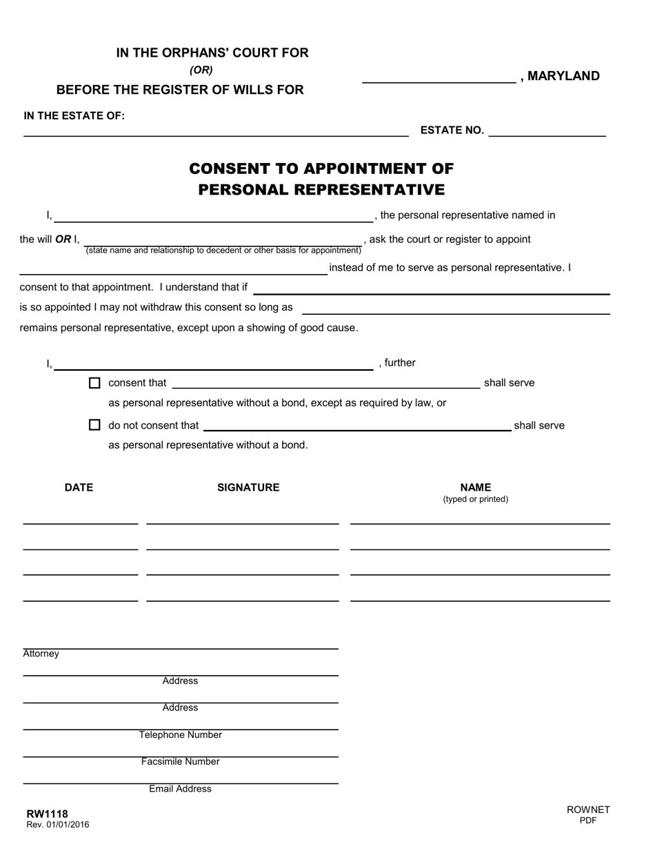 Form RW1118 Consent to Appointment of Personal Representative - Maryland, Page 1