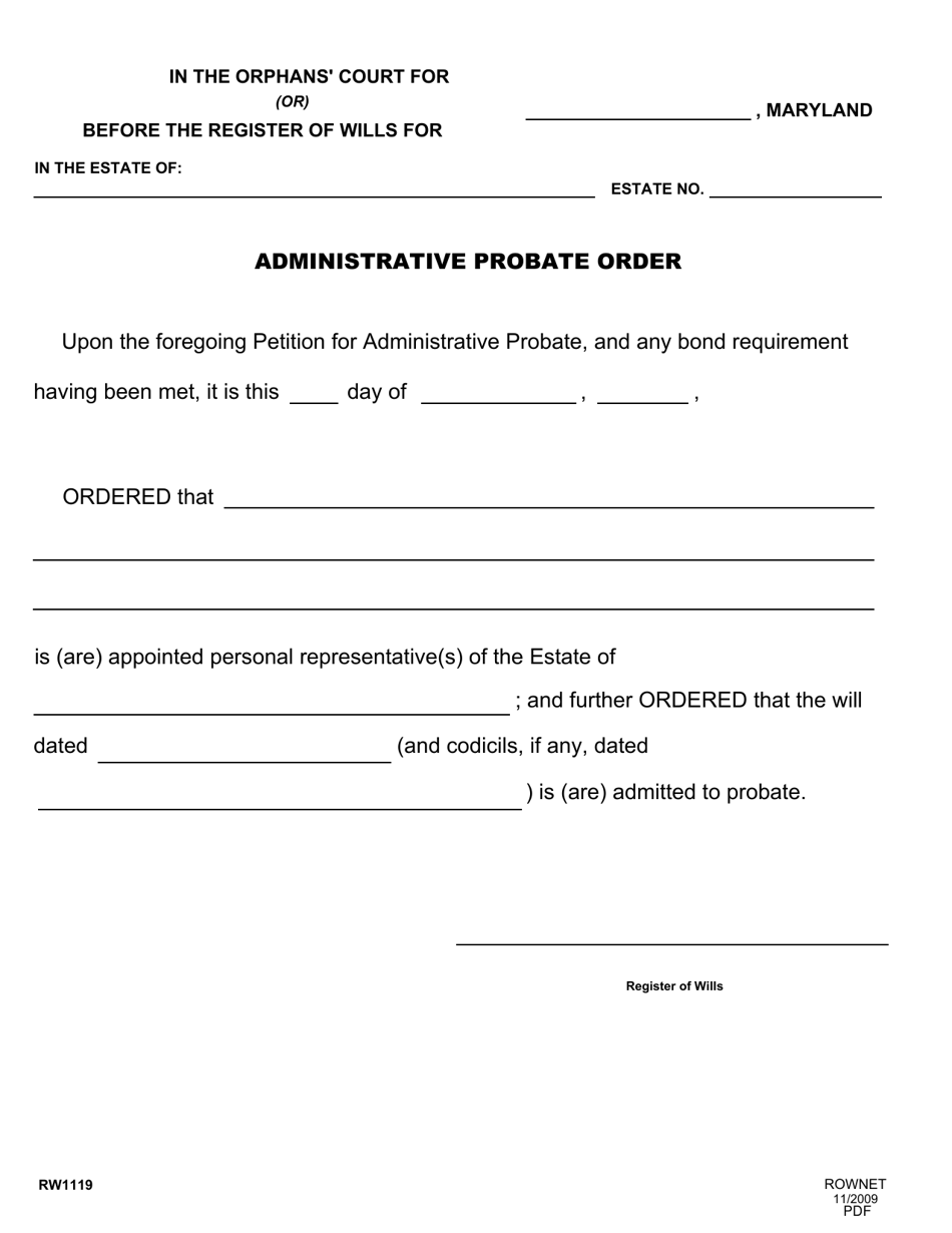 Form RW1119 Administrative Probate Order - Maryland, Page 1