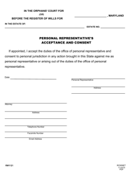 Document preview: Form RW1121 Personal Representative's Acceptance and Consent - Maryland