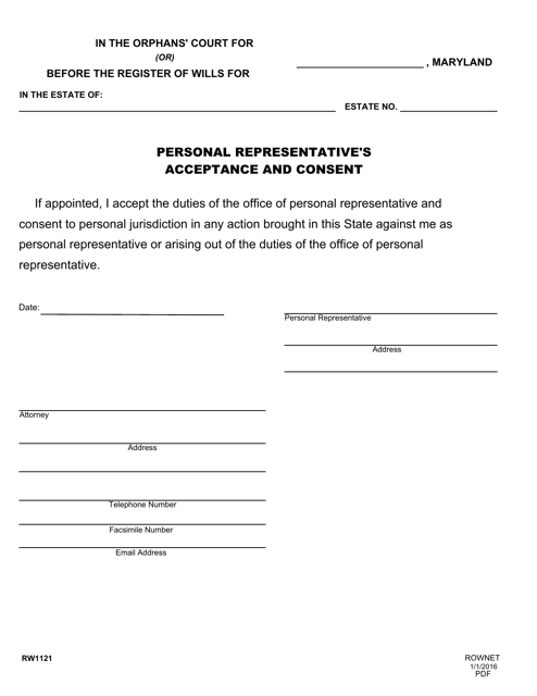 Form RW1121 Personal Representative's Acceptance and Consent - Maryland