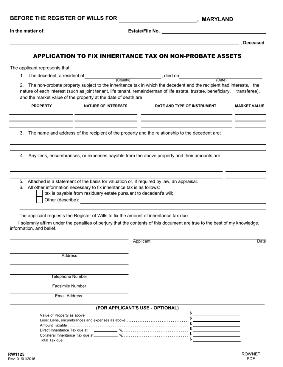 Form RW1125 Fill Out, Sign Online and Download Fillable PDF, Maryland