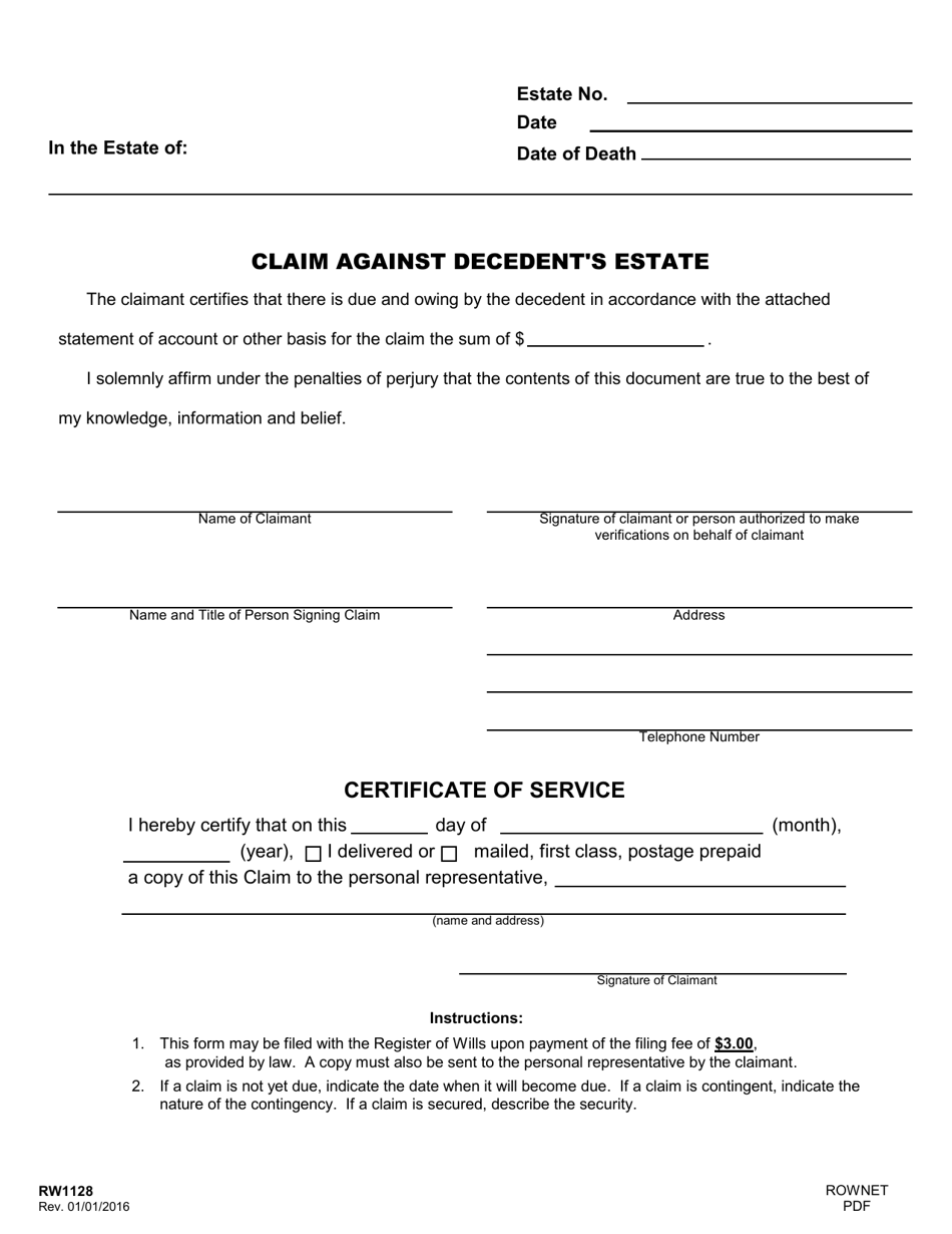 Form RW1128 Claim Against Decedents Estate - Maryland, Page 1
