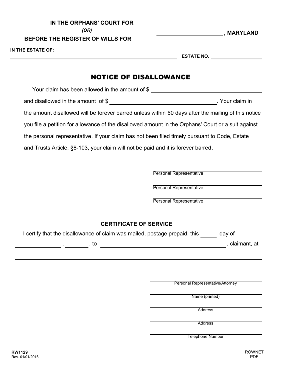 Form RW1129 Notice of Disallowance - Maryland, Page 1