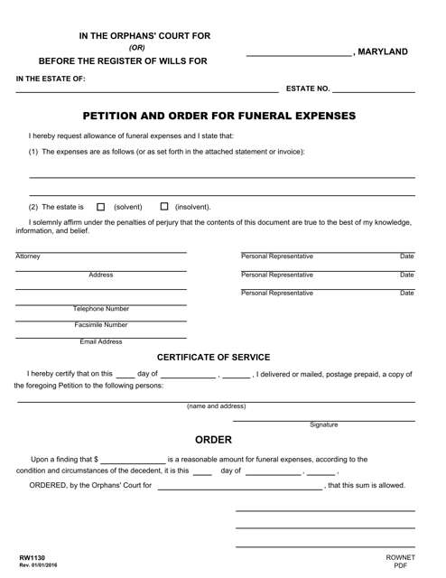 Form RW1130 Petition and Order for Funeral Expenses - Maryland