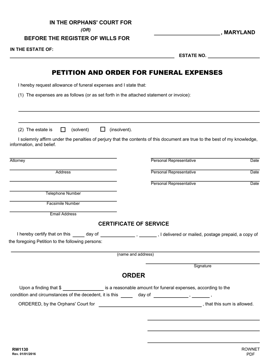 Form RW1130 Petition and Order for Funeral Expenses - Maryland, Page 1