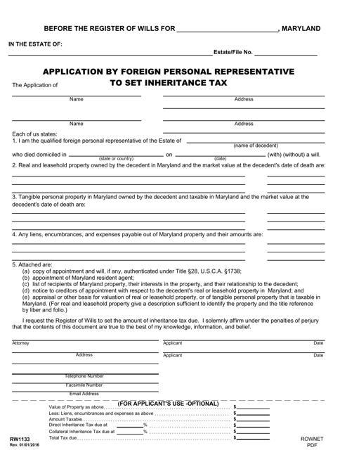 Form RW1133 Application by Foreign Personal Representative to Set Inheritance Tax - Maryland