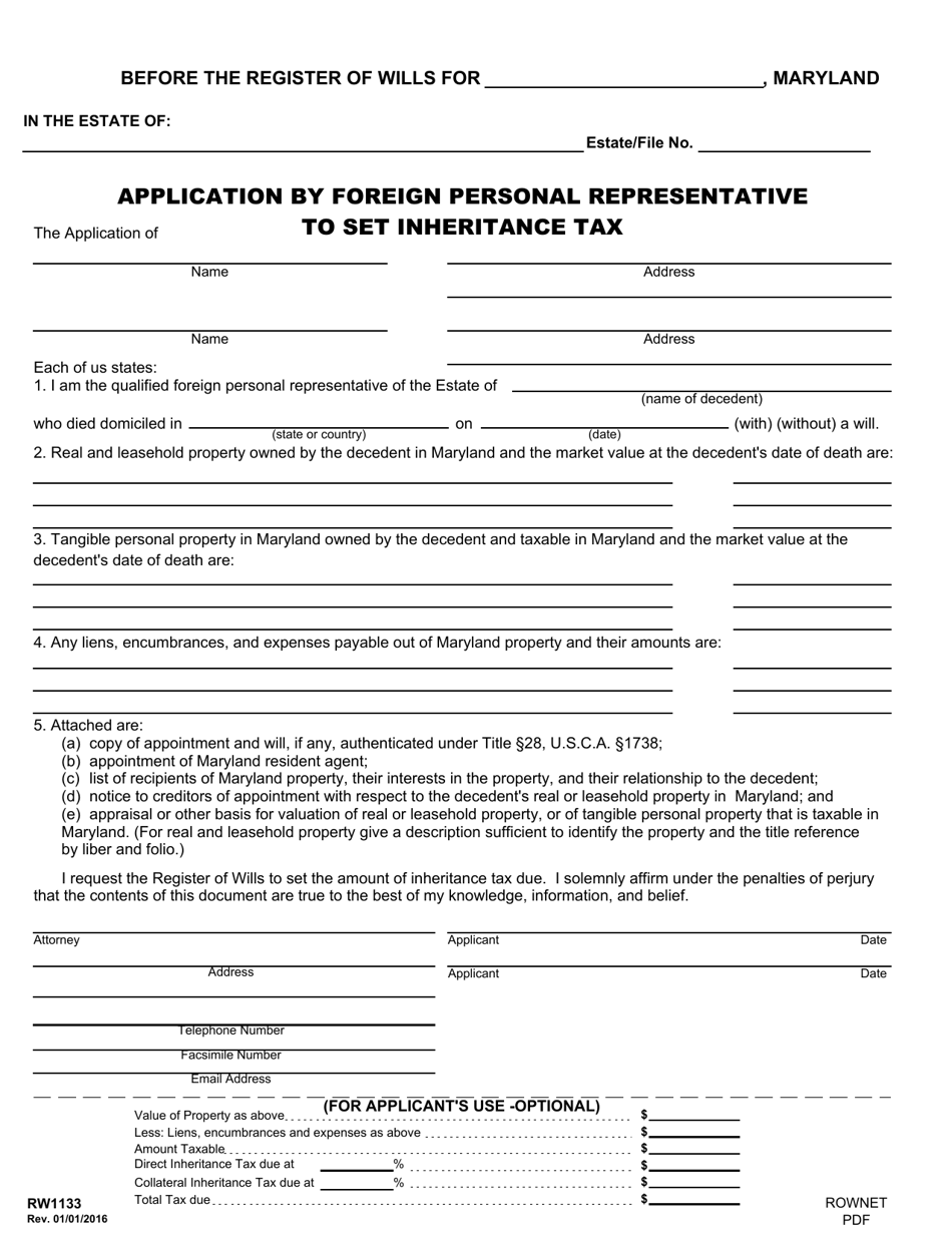 Form RW1133 Application by Foreign Personal Representative to Set Inheritance Tax - Maryland, Page 1