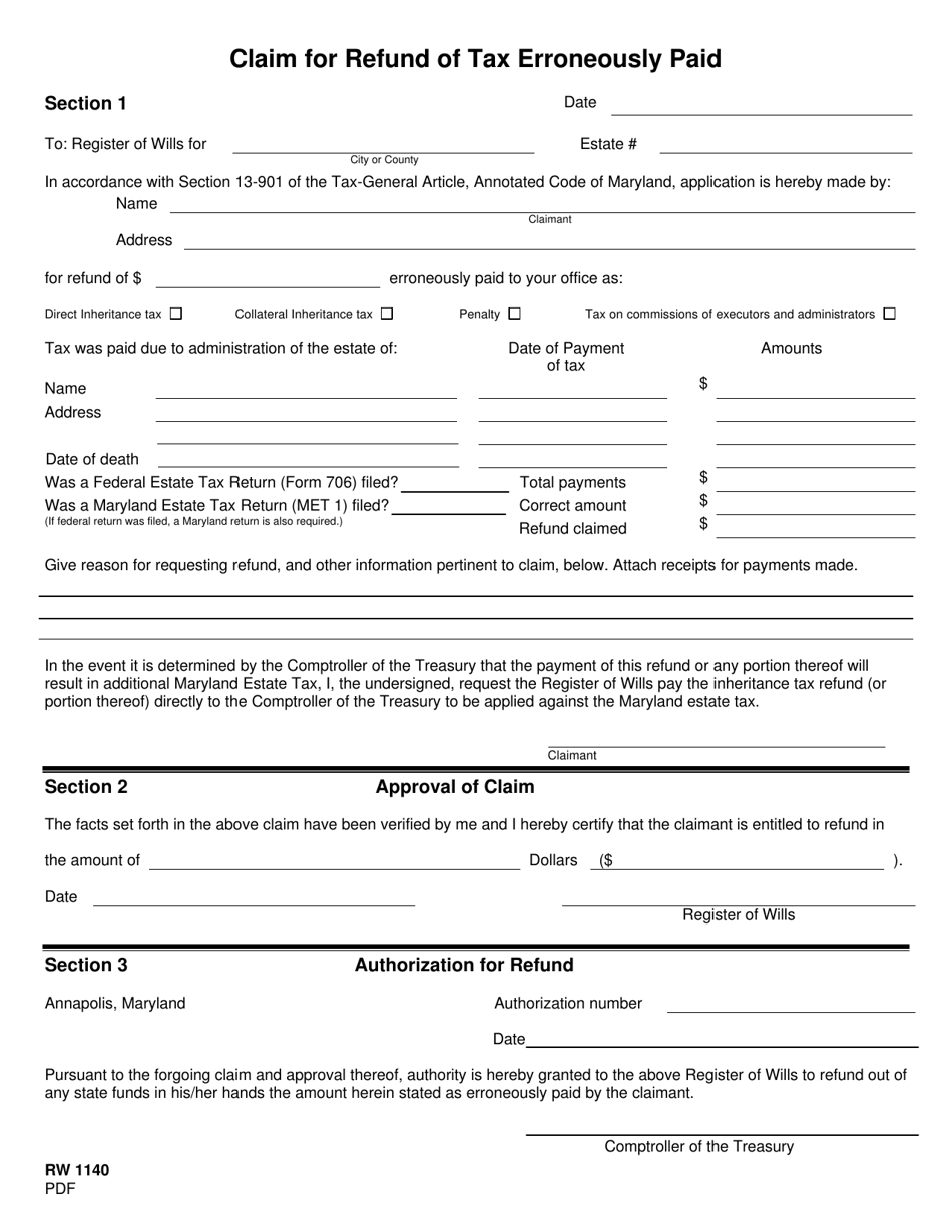 Form RW1140 Claim for Refund of Tax Erroneously Paid - Maryland, Page 1