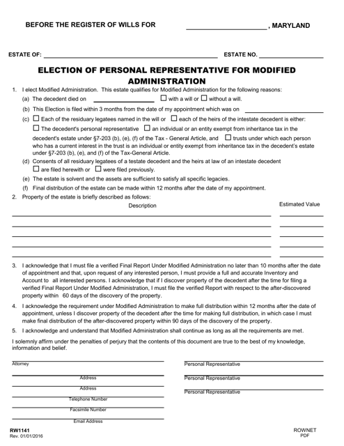 Form RW1141 Election of Personal Representative for Modified Administration - Maryland