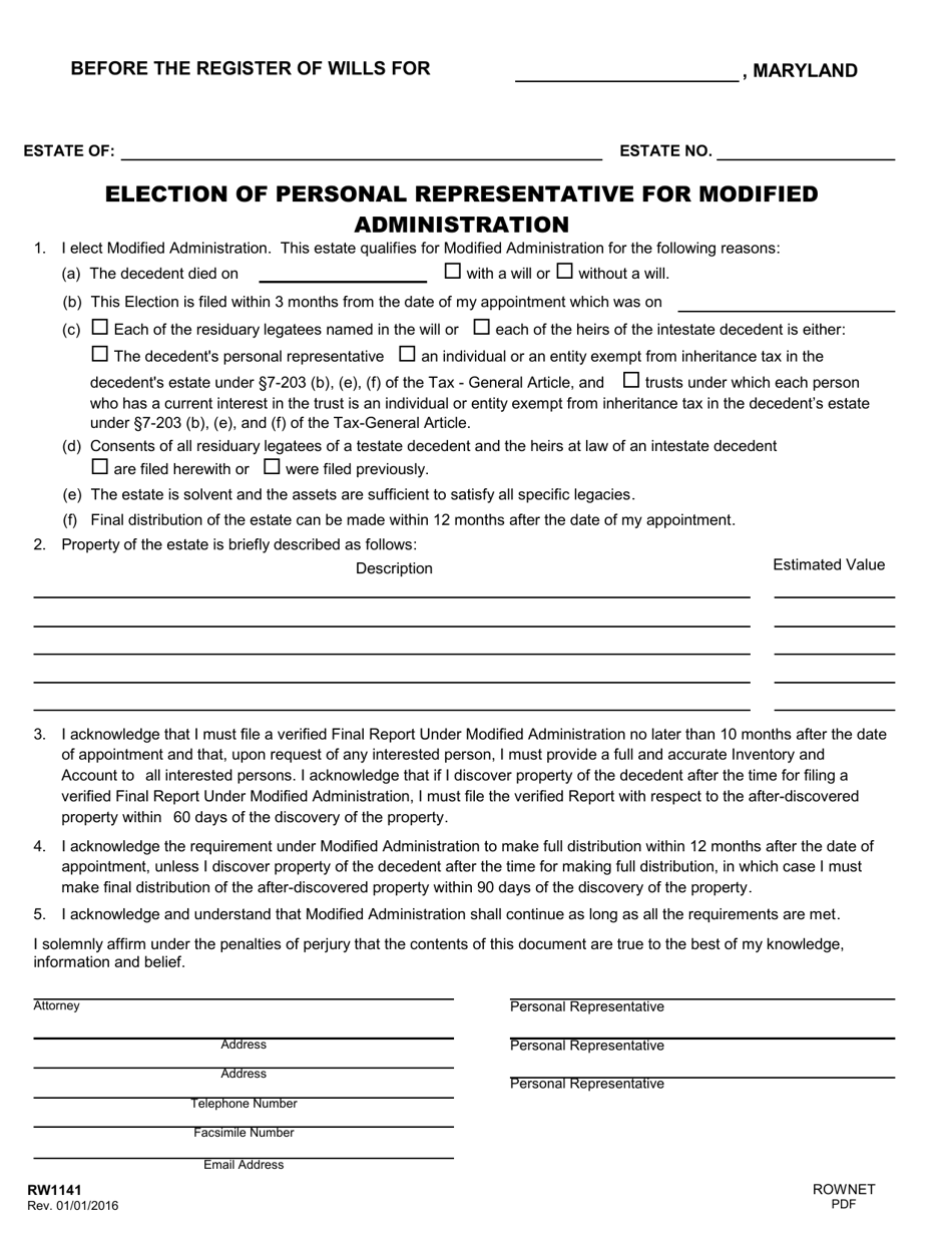 Form RW1141 Election of Personal Representative for Modified Administration - Maryland, Page 1