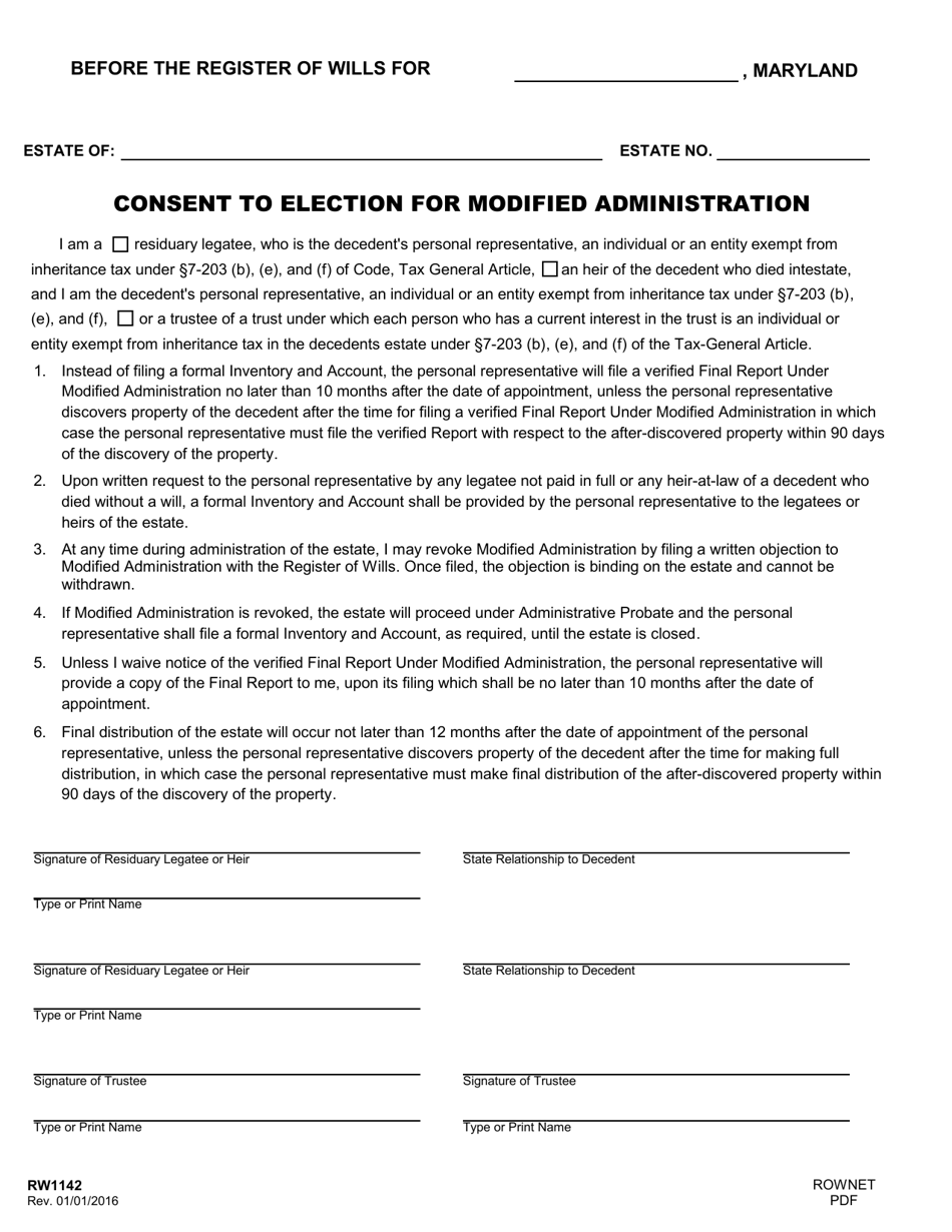 Form RW1142 Consent to Election for Modified Administration - Maryland, Page 1