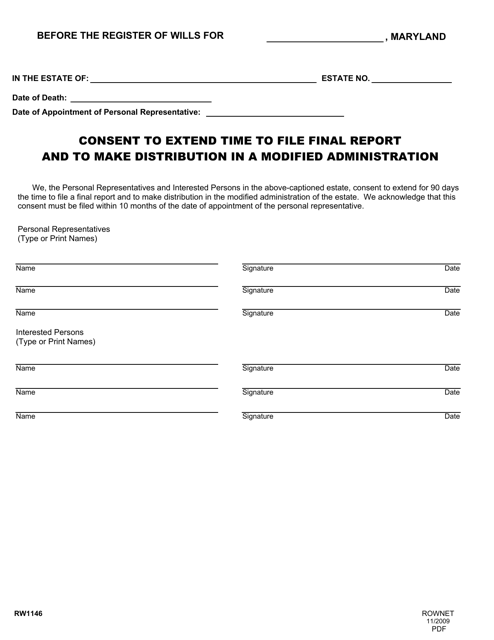 Form RW1146 Consent to Extend Time to File Final Report and to Make Distribution in a Modified Administration - Maryland