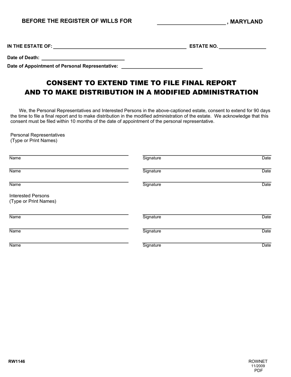 Form RW1146 Consent to Extend Time to File Final Report and to Make Distribution in a Modified Administration - Maryland, Page 1