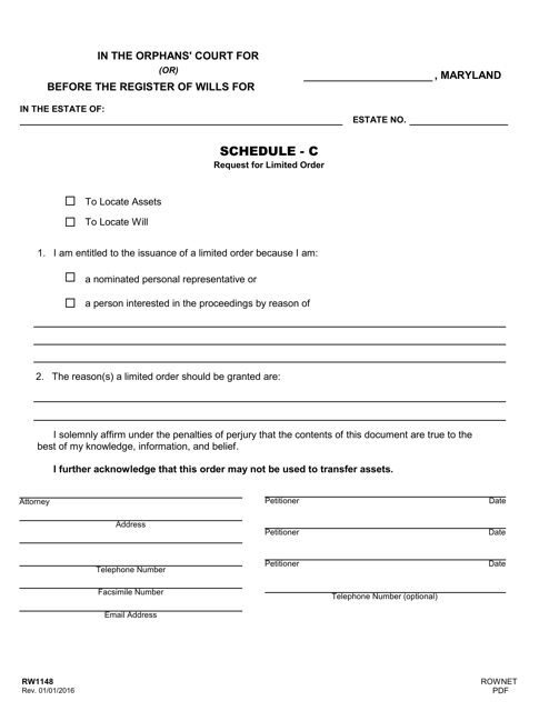 Form RW1148 Schedule C Request for Limited Order - Maryland