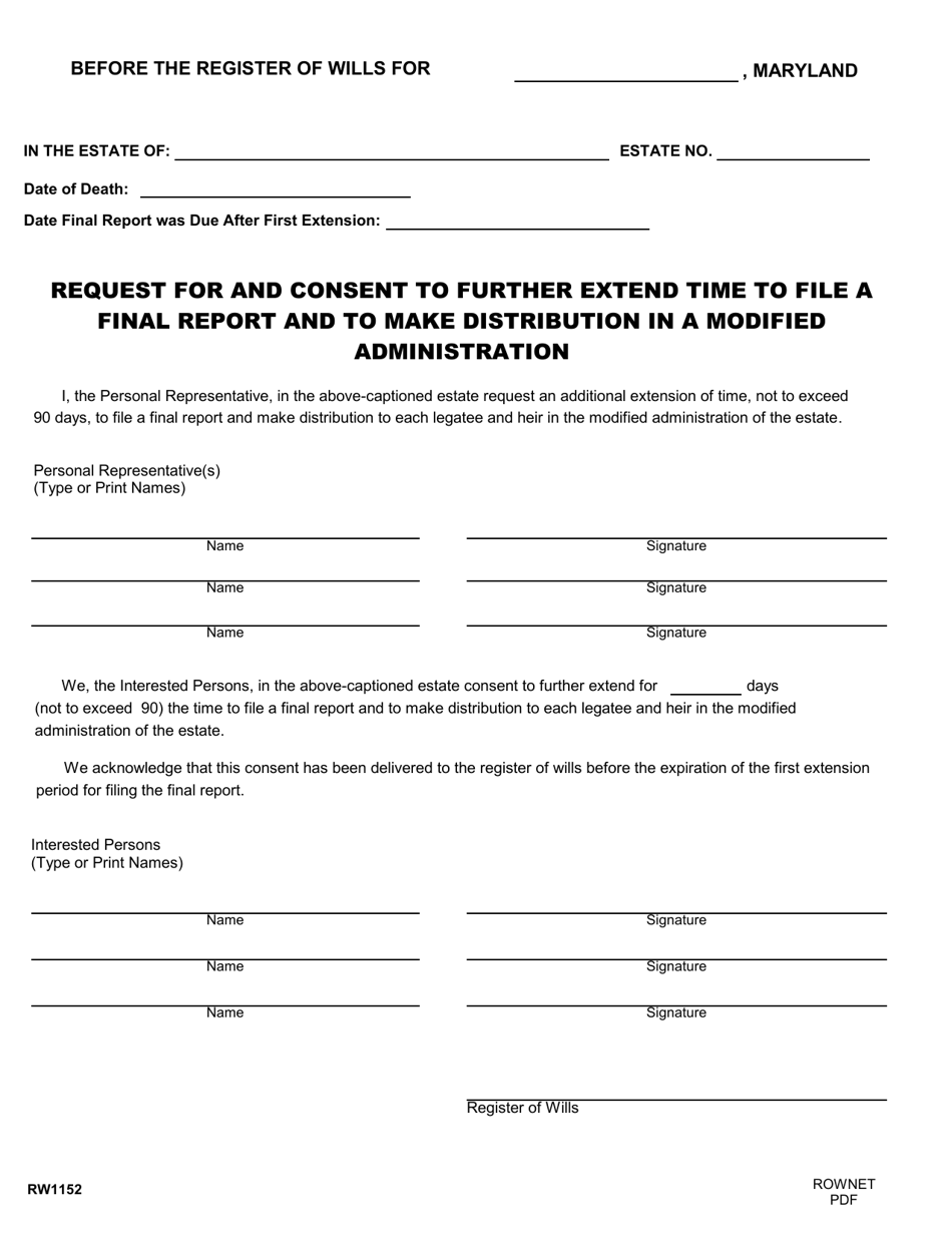 Form RW1152 Request for and Consent to Further Extend Time to File a Final Report and to Make Distribution in a Modified Administration - Maryland, Page 1