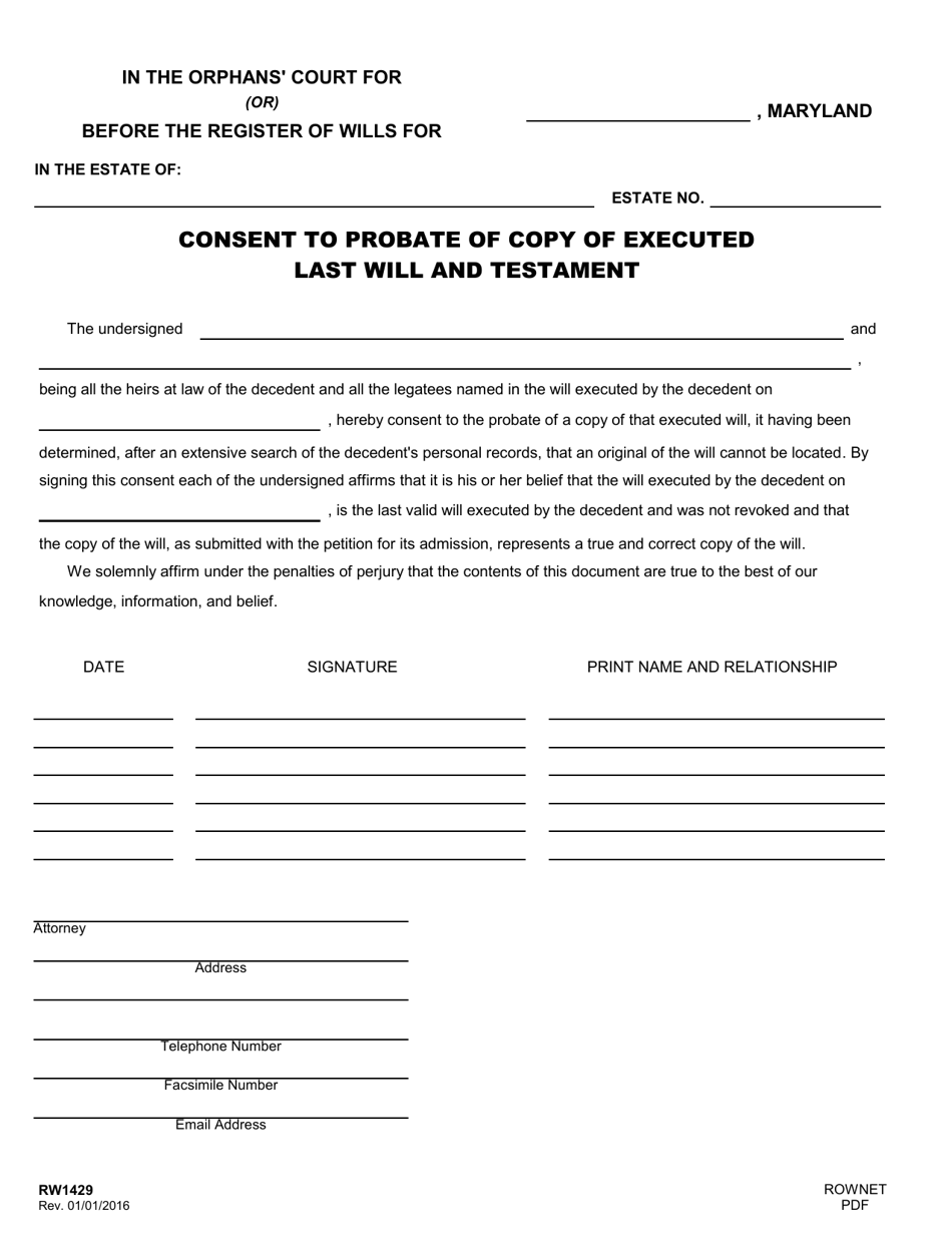 Form RW1429 Consent to Probate of Copy of Executed Last Will and Testament - Maryland, Page 1
