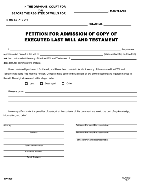 Form RW1430 Petition for Admission of Copy of Executed Last Will and Testament - Maryland