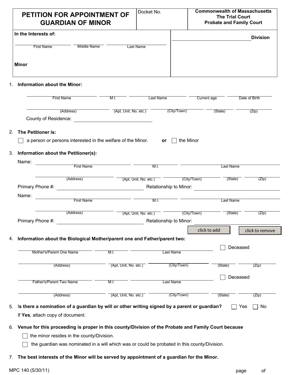 Form MPC140 Petition for Appointment of Guardian of Minor - Massachusetts, Page 1