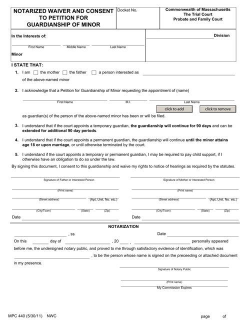 Form MPC440 Notarized Waiver and Consent to Petition for Guardianship of Minor - Massachusetts