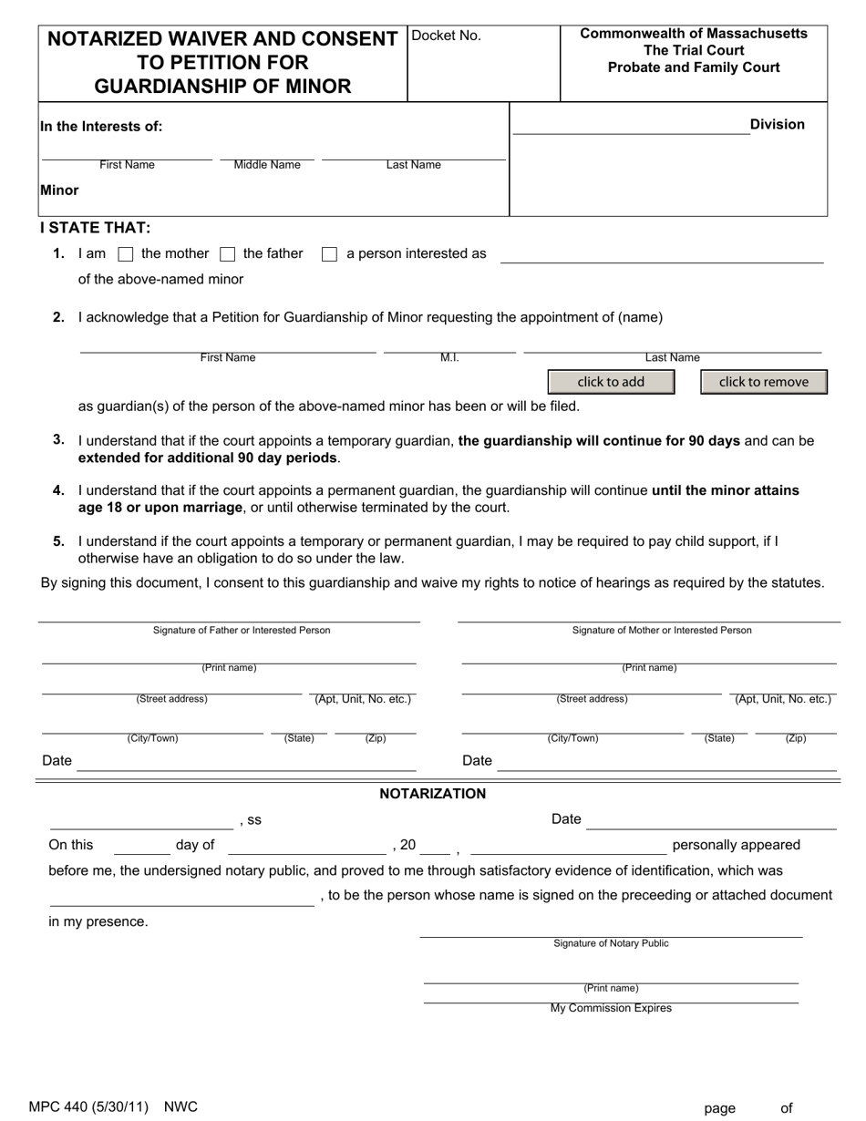 Form MPC440 Notarized Waiver and Consent to Petition for Guardianship of Minor - Massachusetts, Page 1