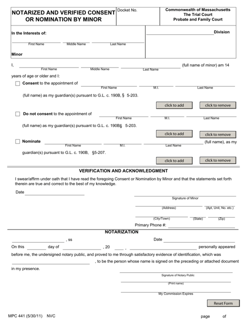 Form MPC441 Notarized and Verified Consent or Nomination by Minor - Massachusetts