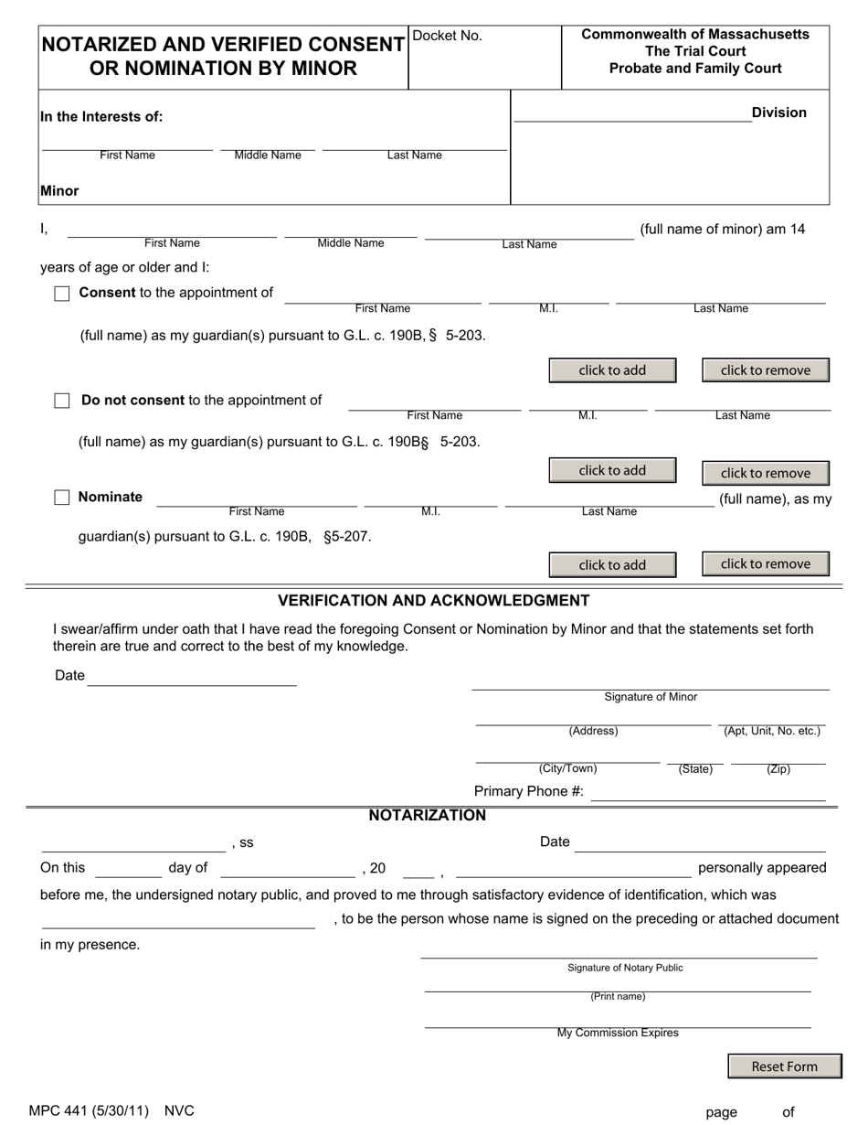 Form MPC441 Notarized and Verified Consent or Nomination by Minor - Massachusetts, Page 1