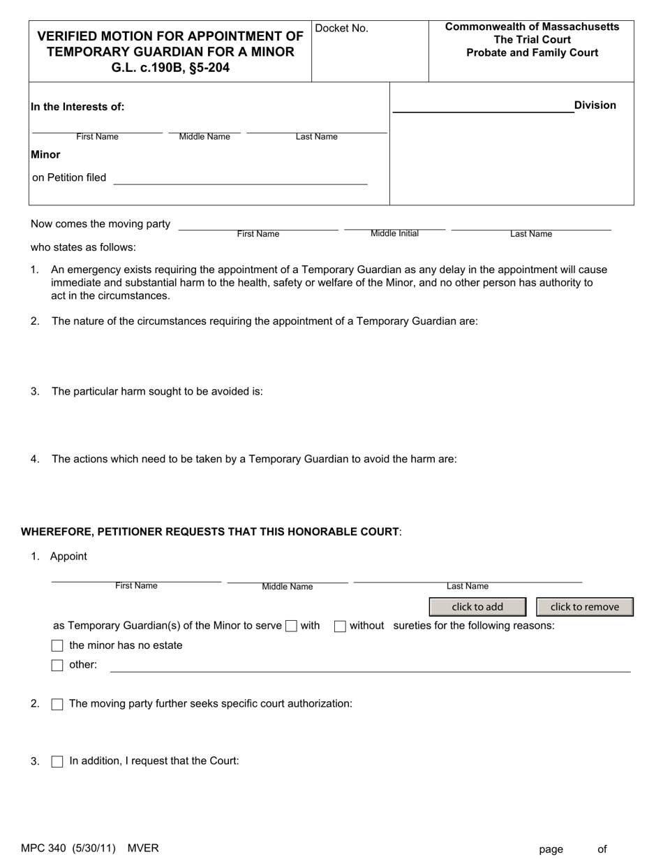 Form MPC340 Verified Motion for Appointment of Temporary Guardian for a Minor - Massachusetts, Page 1