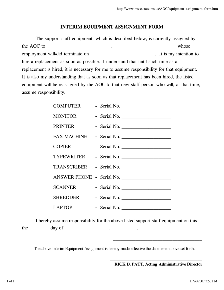 Interim Equipment Assignment Form - Mississippi, Page 1