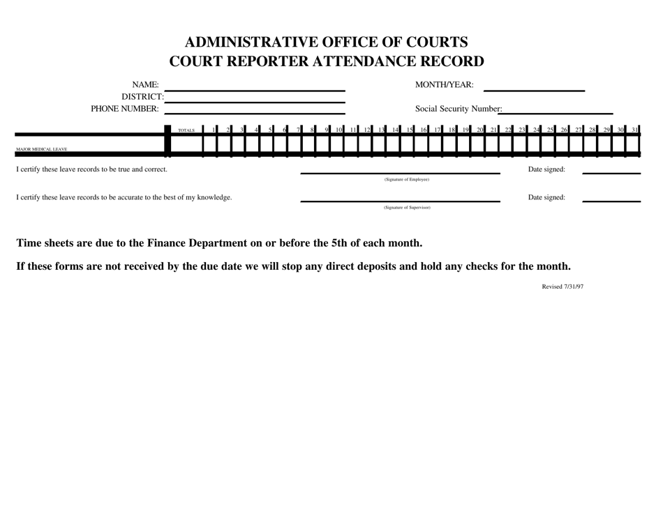 Court Reporter Attendance Record - Mississippi, Page 1