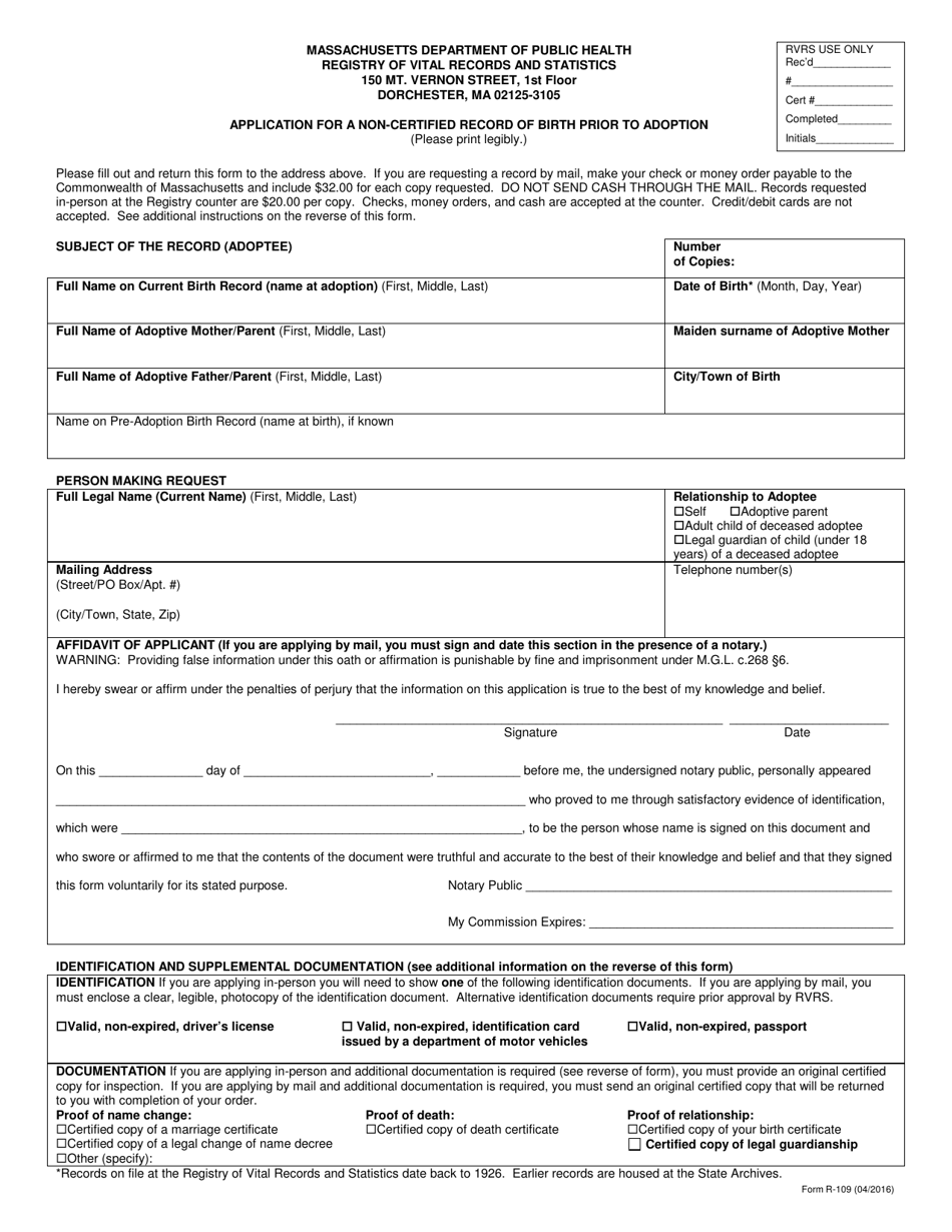 Form R-109 Application for a Non-certified Record of Birth Prior to Adoption - Massachusetts, Page 1