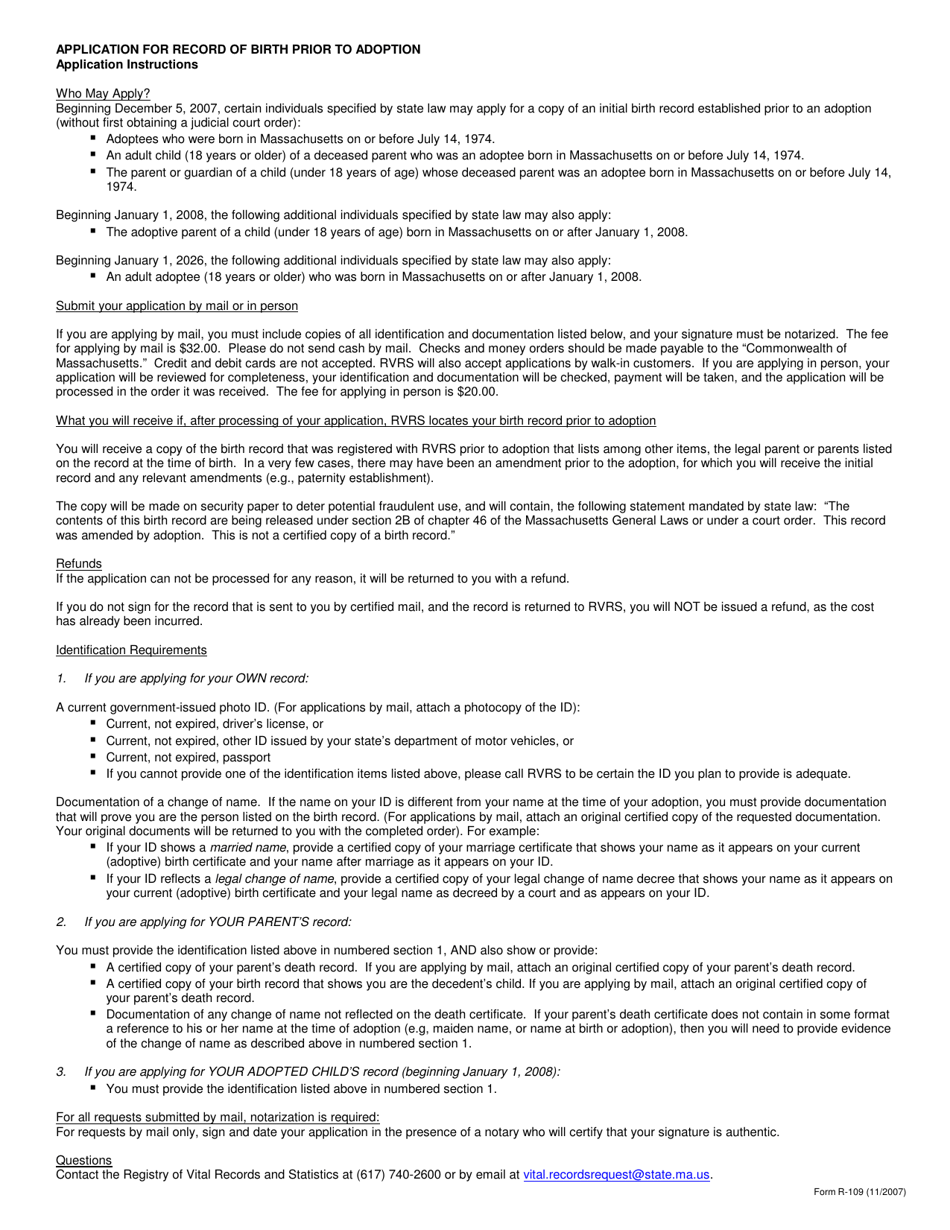 Form R-109 Application for a Non-certified Record of Birth Prior to Adoption - Massachusetts, Page 2